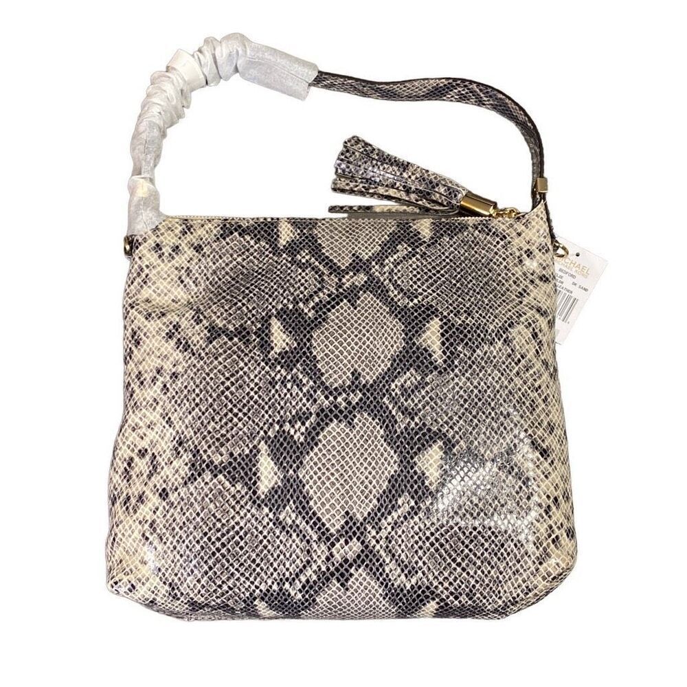 MK Michael Kors Purse Bedford Dark Sand Embossed Leather Snakeskin Bag NWT - Picture 2 of 10